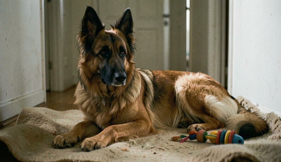 Belgischer Schäferhund Tervueren, mit aufrechten dreieckigen Ohren und schlankem, quadratischem Körperbau, langhaarig, falbfarben mit schwarzer Maske und schwarzen Haarspitzen, liegt ruhig auf einer Wolldecke neben einem abgelegten Suchspielzeug in einem stillen Flur bei gedämpftem Licht