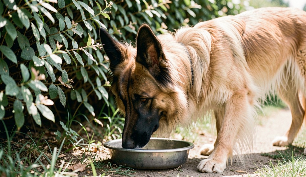 Erwachsener Belgischer Schäferhund Tervueren, mit aufrechten dreieckigen Ohren und schlankem, quadratischem Körperbau, langhaarig, falbfarben mit schwarzer Maske und schwarzen Haarspitzen, trinkt im Schatten einer Hecke aus einem flachen Wassernapf an einem heißen Sommertag