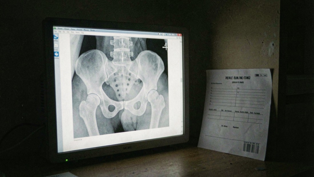 Röntgenbild eines Hundebeckens auf einem hellen Leuchtschirm in einem abgedunkelten Raum neben einem leeren Befundbogen