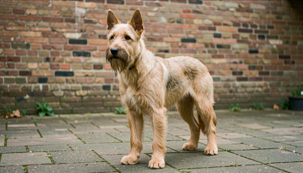 Belgischer Schäferhund Laekenois, mit aufrechten dreieckigen Ohren und schlankem, quadratischem Körperbau, rauhaarig, falbfarben, mit struppigem Bart, steht auf einem gepflasterten Hof vor einer alten Backsteinmauer