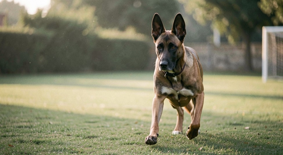 Belgischer Schäferhund Malinois, mit aufrechten dreieckigen Ohren und schlankem, quadratischem Körperbau, kurzhaarig, falbfarben mit schwarzer Maske, trabt konzentriert über einen kurz geschnittenen Rasenplatz im Morgenlicht