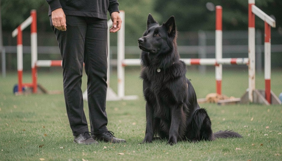 Belgischer Schäferhund Groenendael, langhaarig und ganz schwarz, mit aufrechten dreieckigen Ohren, sitzt ohne Leine auf dem kurz gemähten Rasen eines Übungsplatzes neben einer stehenden Person und schaut aufmerksam zu ihr hoch, von der Person nur Beine und locker hängende Hände im Bild, dahinter unscharf rot-weiße Hürdenstangen