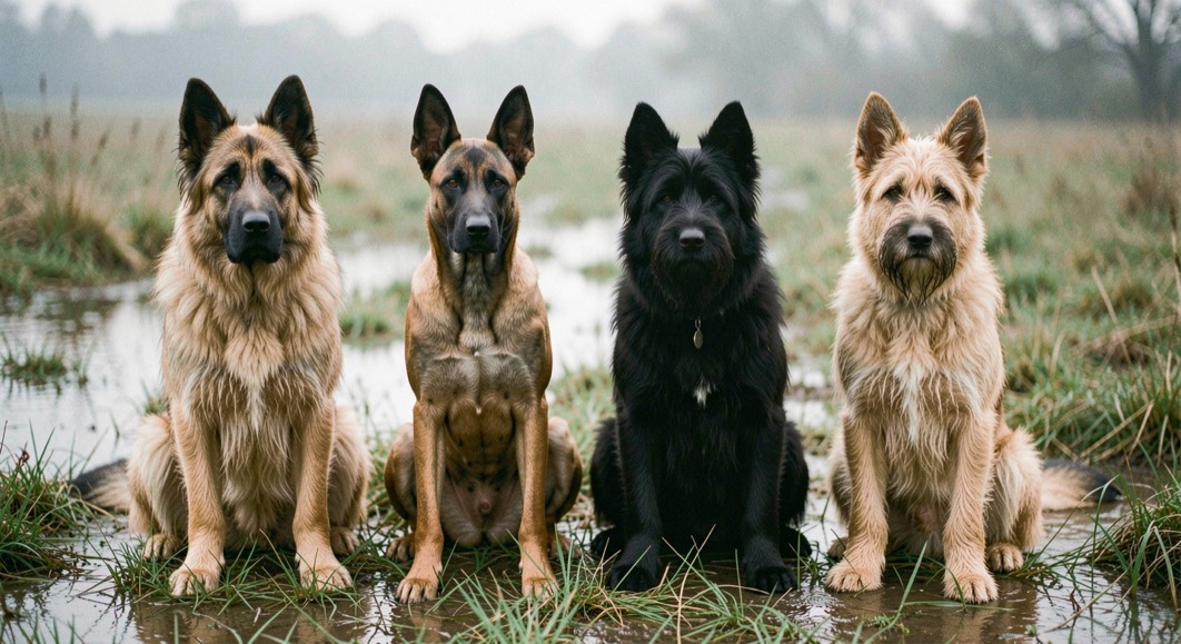 Vier Belgische Schäferhunde, jeweils mit spitzen aufrechten Dreiecksohren und schlankem Körperbau: ein Tervueren langhaarig, gleichmäßig falbfarben mit schwarzer Maske und schwarzen Haarspitzen, ein Malinois kurzhaarig falbfarben mit schwarzer Maske, ein Groenendael langhaarig, ganz schwarz, und ein Laekenois mit demselben schmalen Schäferhundekopf und denselben spitzen aufrechten Dreiecksohren wie die anderen drei, rauhaarig und falbfarben mit Bart, sitzen nebeneinander auf einer taufeuchten Morgenwiese
