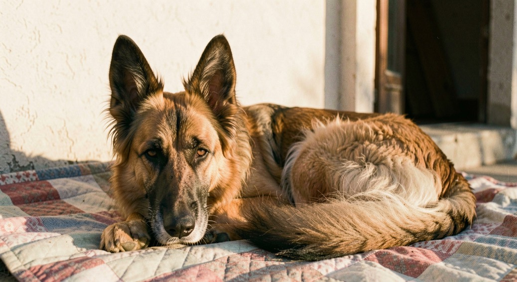 Alter Belgischer Schäferhund Tervueren, mit aufrechten dreieckigen Ohren und schlankem, quadratischem Körperbau, langhaarig, falbfarben mit schwarzer Maske und schwarzen Haarspitzen, mit ergrautem Fang, liegt zusammengerollt auf einer Decke vor einer sonnenwarmen Hauswand im Nachmittagslicht