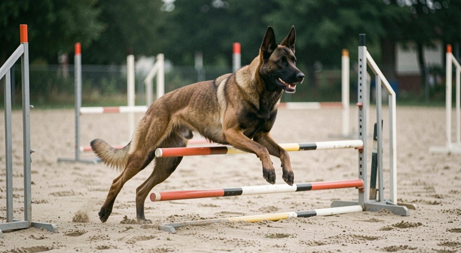 Belgischer Schäferhund Malinois, mit aufrechten dreieckigen Ohren und schlankem, quadratischem Körperbau, kurzhaarig, falbfarben mit schwarzer Maske, springt über eine niedrige Hürde auf einem sandigen Trainingsplatz mit Slalomstangen im Hintergrund