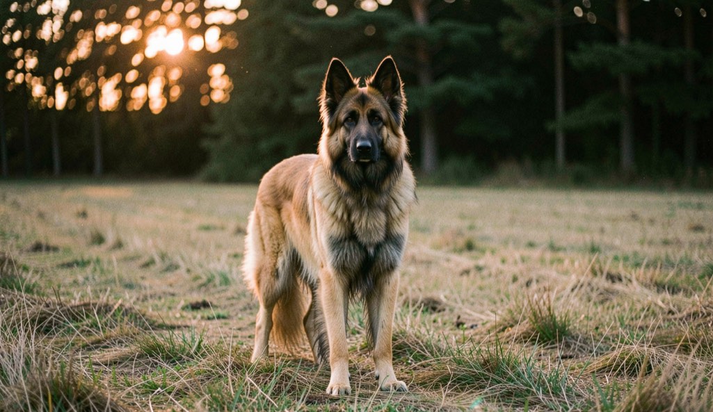 Belgischer Schäferhund Tervueren, mit aufrechten dreieckigen Ohren und schlankem, quadratischem Körperbau, langhaarig, falbfarben mit schwarzer Maske und schwarzen Haarspitzen, steht bei tiefer Abendsonne aufmerksam auf einer abgemähten Wiese am Waldrand