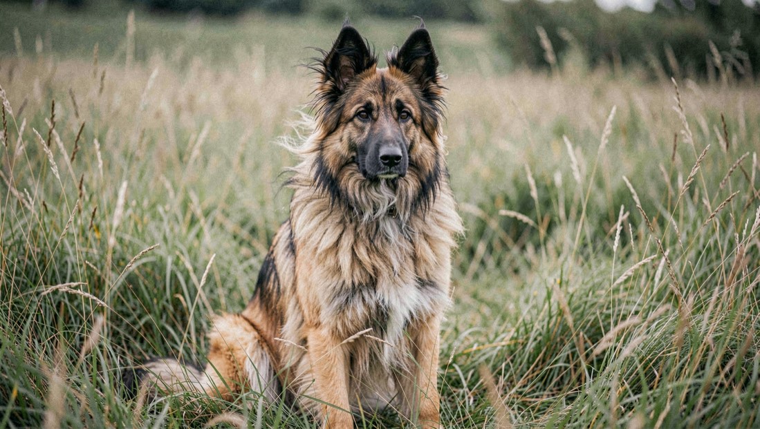 Belgischer Schäferhund Tervueren, mit aufrechten dreieckigen Ohren und schlankem, quadratischem Körperbau, langhaarig, falbfarben mit schwarzer Maske und schwarzen Haarspitzen, sitzt aufmerksam im hohen Gras, Fell vom Seitenwind bewegt
