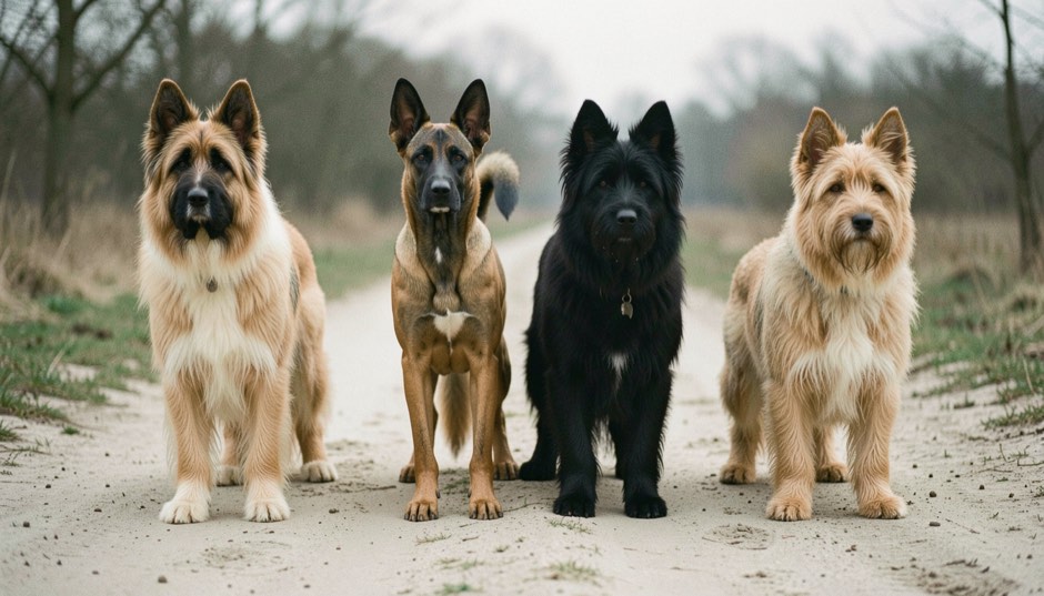 Vier Belgische Schäferhunde, jeweils mit spitzen aufrechten Dreiecksohren und schlankem Körperbau: ein Tervueren langhaarig, gleichmäßig falbfarben mit schwarzer Maske und schwarzen Haarspitzen, ein Malinois kurzhaarig falbfarben mit schwarzer Maske, ein Groenendael langhaarig, ganz schwarz, und ein Laekenois mit demselben schmalen Schäferhundekopf und denselben spitzen aufrechten Dreiecksohren wie die anderen drei, rauhaarig und falbfarben mit Bart, stehen versetzt hintereinander auf einem sandigen Weg