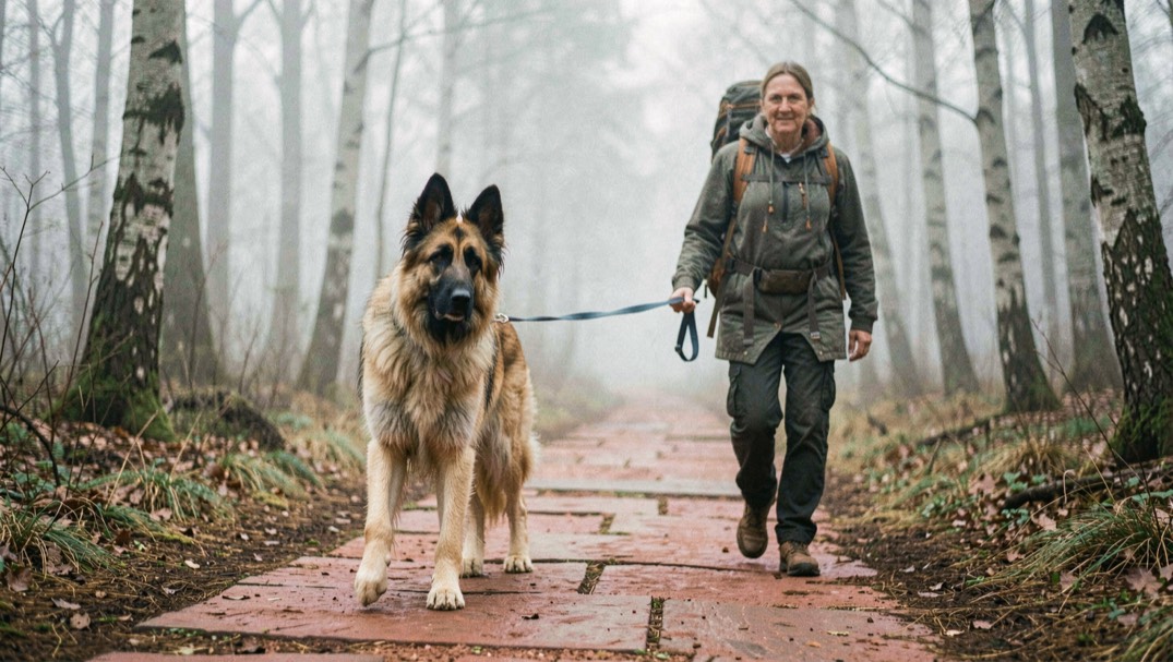 Belgischer Schäferhund Tervueren, mit aufrechten dreieckigen Ohren und schlankem, quadratischem Körperbau, langhaarig, falbfarben mit schwarzer Maske und schwarzen Haarspitzen, an langer Leine geht neben einer Wanderin über einen roten Sandsteinpfad durch lichten Buchenwald im Morgennebel