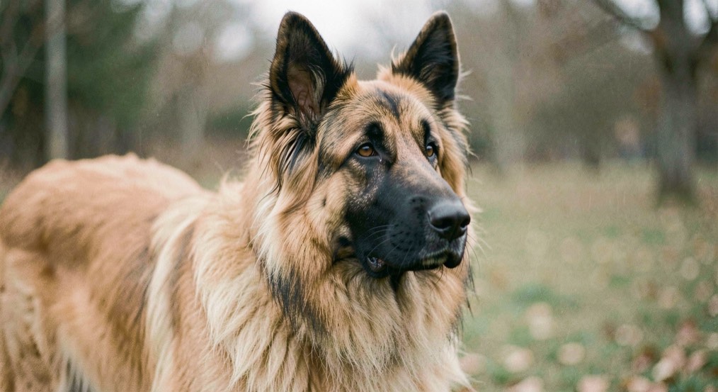 Ein weißer Schäferhund liegt auf einer Wiese im weichen Nachmittagslicht, die Kamera auf Augenhöhe, im Hintergrund unscharf ein Zaun und Laubbäume.